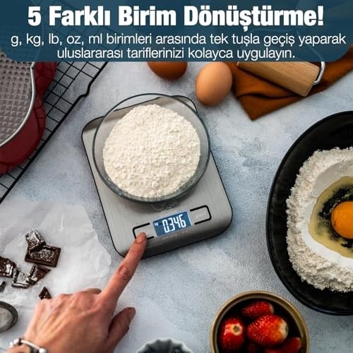 Bluefox Dijital Mutfak Terazisi - Paslanmaz Çelik Yüzeyli Hassas Mutfak Tartısı - Dara İşlevi, LED Ekran, 5 Birim Dönüştürme ve Otomatik Kapanma Özellikli - 5 kg Tartı Kapasitesi
