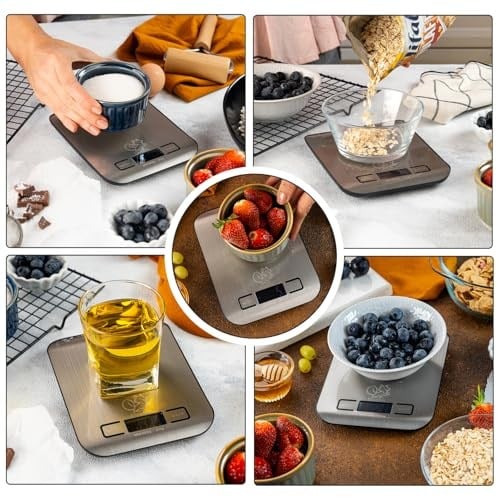 Bluefox Dijital Mutfak Terazisi - Paslanmaz Çelik Yüzeyli Hassas Mutfak Tartısı - Dara İşlevi, LED Ekran, 5 Birim Dönüştürme ve Otomatik Kapanma Özellikli - 5 kg Tartı Kapasitesi