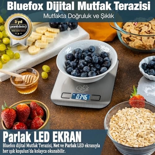 Bluefox Dijital Mutfak Terazisi - Paslanmaz Çelik Yüzeyli Hassas Mutfak Tartısı - Dara İşlevi, LED Ekran, 5 Birim Dönüştürme ve Otomatik Kapanma Özellikli - 5 kg Tartı Kapasitesi