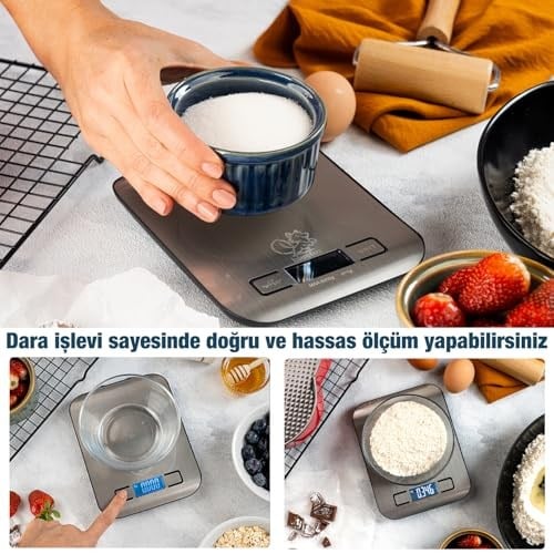 Bluefox Dijital Mutfak Terazisi - Paslanmaz Çelik Yüzeyli Hassas Mutfak Tartısı - Dara İşlevi, LED Ekran, 5 Birim Dönüştürme ve Otomatik Kapanma Özellikli - 5 kg Tartı Kapasitesi