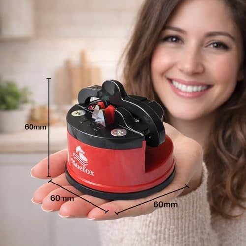Bluefox Kırmızı PowerGripli Bıçak Bileyici - Vantuzlu Vakumlu, Serbest Ellerle Kullanılabilen Tungsten Carbide Bıçak Bileme Aleti