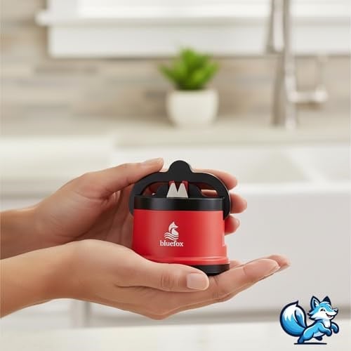 Bluefox Kırmızı PowerGripli Bıçak Bileyici - Vantuzlu Vakumlu, Serbest Ellerle Kullanılabilen Tungsten Carbide Bıçak Bileme Aleti