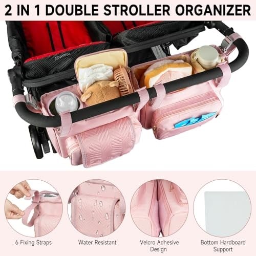 Bob Duallie ve Baby Jogger City Mini Gt2 ile Uyumlu Çift Arabalı Organizatör, Soğutucu Çanta ve Bardak Tutacağı ile Çift Arabası Caddy, Pembe