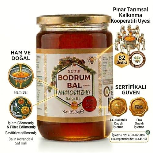 Bodrum Bal Ham Çam Balı 850g -%100 Saf Ham Bal Filtre edilmemiş - Güvenli Doğal Apiterapik Cam Kavanoz