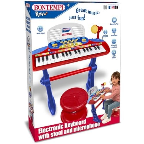 Bontempi | MiniKeyFun - Tastiera Giocattolo Piccoli Musicisti con Microfono, Sgabello e Leggio, Rosa, 54,4 x 32,9 x 15,9 cm