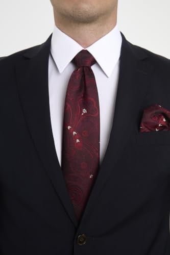 Bordo Beyaz Şal Motif Desen Kravat Mendil Set