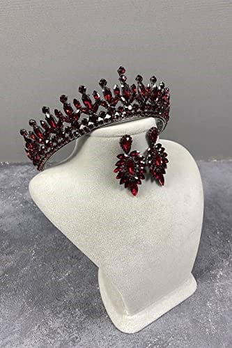 Bordo Catherine Taşlı Kına Gelin Tacı Ve İnce Mekikli Küpe Takımı