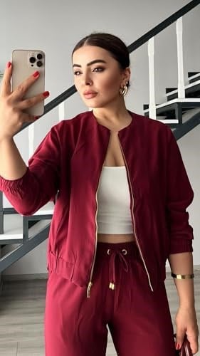 Bordo Fermuarlı Ceket-Pantolon Tensl Kumaş Takım