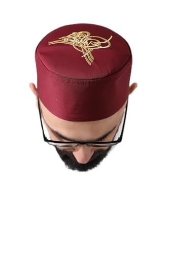 Bordo Kapitone Osmanlı Tuğrası Nakışlı Kalıp Namaz Takkesi