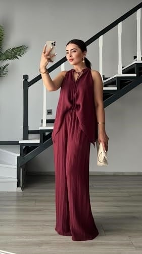 Bordo Kendinden Dokulu Bağlamalı Bluz-Pantolon Takım - Bedenler: S, M