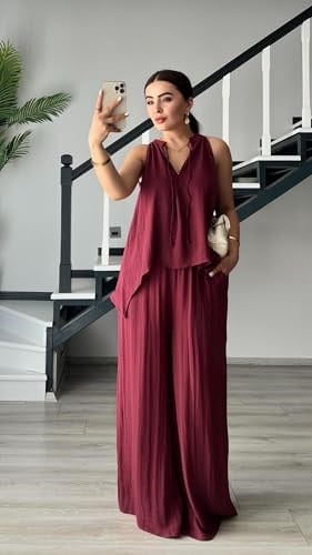 Bordo Kendinden Dokulu Bağlamalı Bluz-Pantolon Takım - Bedenler: S, M