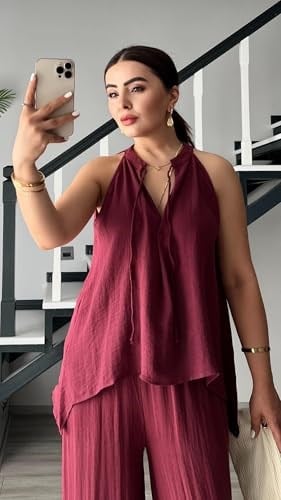 Bordo Kendinden Dokulu Bağlamalı Bluz-Pantolon Takım - Bedenler: S, M