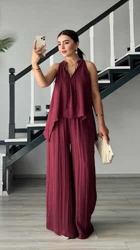 Bordo Kendinden Dokulu Bağlamalı Bluz-Pantolon Takım - Bedenler: S, M