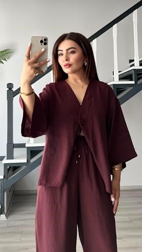 Bordo Tek Düğme Bluz- Pantolon Takım
