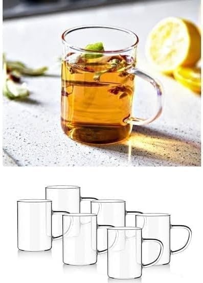 Borosilikat Cam 6lı Kupa Seti, Ergonomik Saplı, Düz Tabanlı, Pürüzsüz Kenarlı, İnce Tasarımlı, Sıcak İçecekler İçin, 200ml
