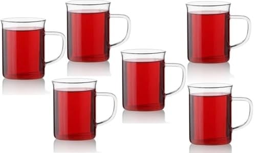 Borosilikat Cam 6lı Kupa Seti, Ergonomik Saplı, Düz Tabanlı, Pürüzsüz Kenarlı, İnce Tasarımlı, Sıcak İçecekler İçin, 200ml