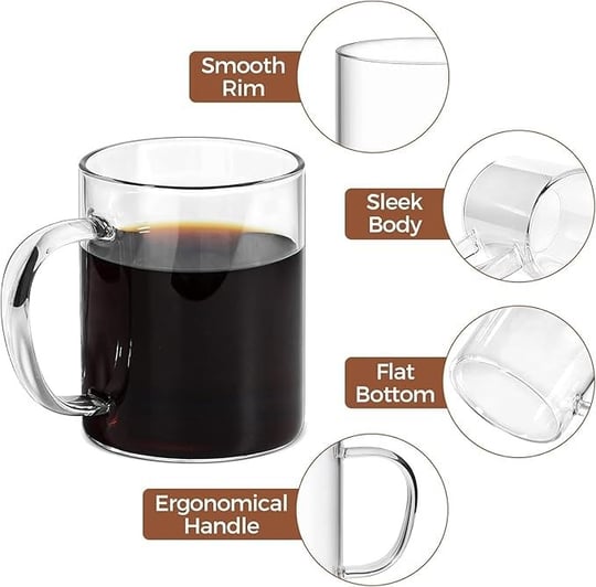 Borosilikat Cam 6lı Kupa Seti, Ergonomik Saplı, Düz Tabanlı, Pürüzsüz Kenarlı, İnce Tasarımlı, Sıcak İçecekler İçin, 200ml