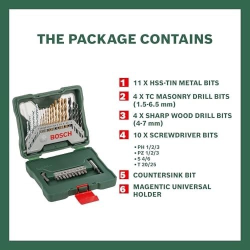 Bosch Home and Garden X/Line 30 Parça Titanyum Aksesuar Seti, Matkap uçları, Vidalama uçları, Üniversal Tutucu, Havşa açıcı, Uzun Ömürlü, Yeşil