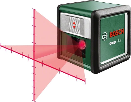 Bosch Home & Garden Quigo Plus Çapraz Çizgi Lazeri (+- 0,8 mm Hassasiyet, 6 sn. Otomatik Nivelman Süresi, 2 x AA Pil, 1,1 mm Alüminyum Sehpa, Hedef Tahtası, Karton Kutu)