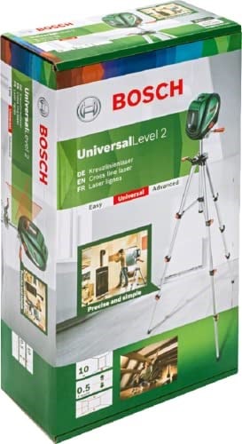 Bosch Home & Garden UniversalLevel 2 - Set Çapraz Çizgi Lazeri (10m Çalışma Alanı, +- 0,5 mm Hassasiyet, 4 sn. Otomatik Nivelman Süresi, 3 x AA Pil, 1,1 mm Alüminyum Sehpa, Çanta)