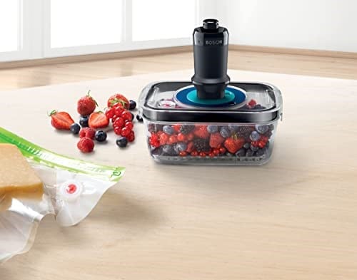 Bosch MSZV6FS1 vakumlu saklama seti, vakum pompası, 1,0 l Tritan vakumlu saklama kabı, 3 vakumlu saklama torbası (1,2 l ve 3,8 l), BPA içermez, bulaşık makinesinde yıkanabilir