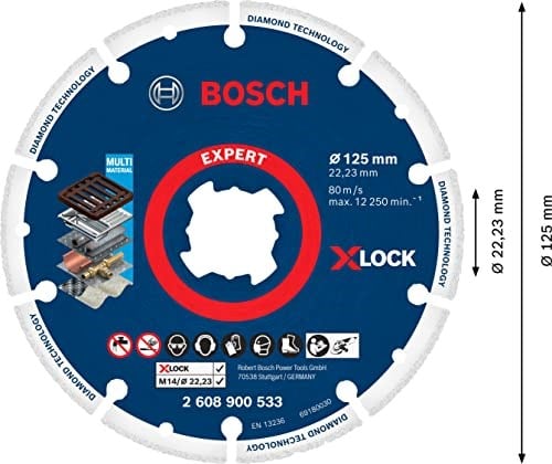 Bosch Professional 1x EXPERT Diamond Metal Wheel X-LOCK Kesme Diski 125 mm (Dökme demir, Paslanmaz çelik, Çelik, Demir içermeyen metalle, Ø 125 mm, Aksesuar Küçük Avuç Taşlama - Bedenler: 115mm, 180mm