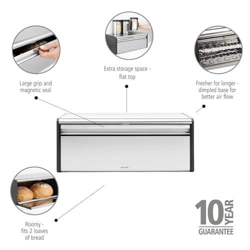 Brabantia Katlanır ekmek kutusu – Ekmek, simit, küçük ekmek için büyük saklama kutusu – Düz üst yüzeyli yer tasarrufu sağlayan tasarım – Duvara montaj için uygundur – Mat çelik