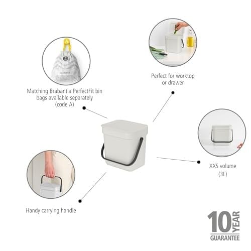 Brabantia - Sort & Go çöp kutusu 3 l – küçük geri dönüşüm kabı – taşıma sapı – bakımı kolay – tezgah veya mutfak dolabı için – mutfak çöp kovası – açık gri – 19 x 14 x 18 cm