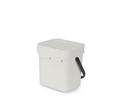 Brabantia - Sort & Go çöp kutusu 3 l – küçük geri dönüşüm kabı – taşıma sapı – bakımı kolay – tezgah veya mutfak dolabı için – mutfak çöp kovası – açık gri – 19 x 14 x 18 cm