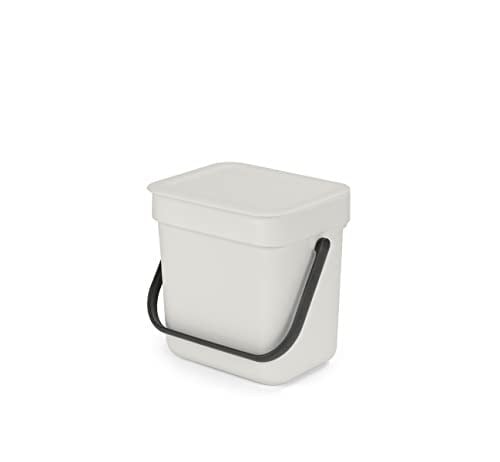 Brabantia - Sort & Go çöp kutusu 3 l – küçük geri dönüşüm kabı – taşıma sapı – bakımı kolay – tezgah veya mutfak dolabı için – mutfak çöp kovası – açık gri – 19 x 14 x 18 cm