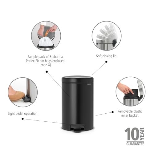 Brabantia Tret Çöp Kovası, İç Kovalı, Plastik, Çelik, plastik, mat siyah, 12 Liter - Seçenekler: 3 L, 3 Liter, 5 L, 5 Litre, 12 L, 12 Liter, 20 L, 20 litre...