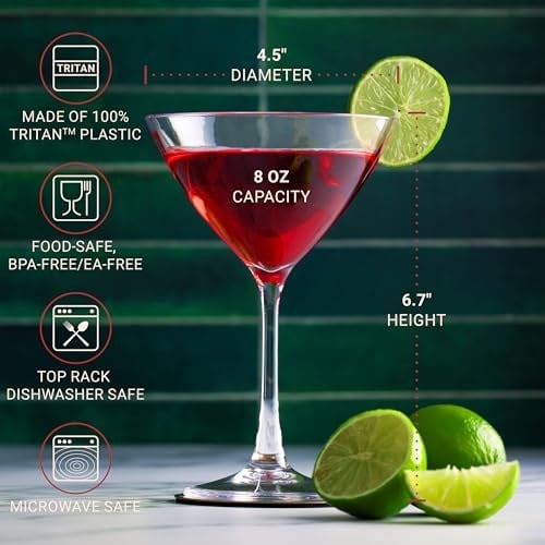 Bravario Plastik Martini Bardakları, Kırılmaz Üstün Kaliteli İçecek Takımı, Tritan Yeniden Kullanılabilir Coupe Cam Eşyaları, BPA İçermeyen Bulaşık Makinesinde Yıkanabilir Bardaklar, 8 oz 4lü Set