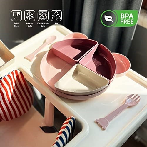 Buddy Mama Tabağı Seti, 1 Ayıcık Tabak 4 Kase Çatal-Kaşık, Bebek ve Çocuklar İçin Yemek Takımı, BPA İçermez, Pembe Mor Bej
