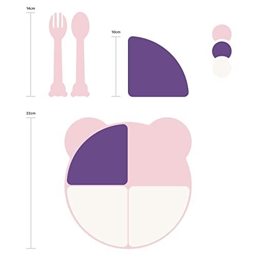Buddy Mama Tabağı Seti, 1 Ayıcık Tabak 4 Kase Çatal-Kaşık, Bebek ve Çocuklar İçin Yemek Takımı, BPA İçermez, Pembe Mor Bej