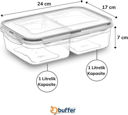 BUFFER® 2 Bölmeli 1+1 Litre Kilitli Kapaklı Erzak Saklama Kabı LC-525