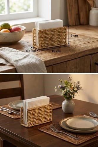 BUFFER Dekoratif Dikdörtgen Peçetelik, Doğal Hasır Dokulu Plastik Rattan, Masaüstü Peçete Standı, 15x9x5.5 cm