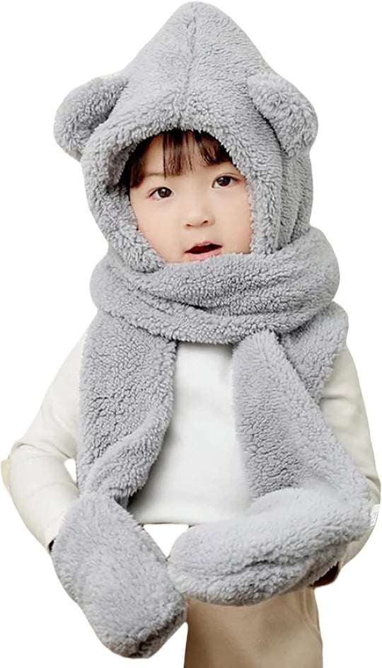 Bundera Babykid Çocuk Kapşonlu Peluş Bere Atkı Eldiven Welsoft Boyunluk Rüzgar Geçirmez Kulaklı Şapka - Seçenekler: 3-6 Yıl, 7-10 Yıl, Tek Beden