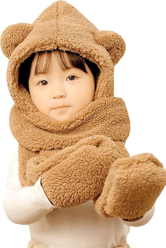 Bundera Babykid Çocuk Kapşonlu Peluş Bere Atkı Eldiven Welsoft Boyunluk Rüzgar Geçirmez Kulaklı Şapka - Seçenekler: 3-6 Yıl, 7-10 Yıl, Tek Beden