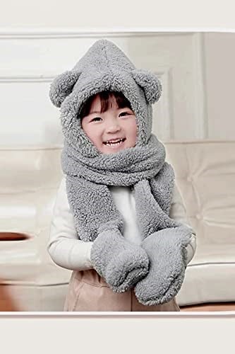 Bundera Babykid Çocuk Kapşonlu Peluş Bere Atkı Eldiven Welsoft Boyunluk Rüzgar Geçirmez Kulaklı Şapka - Seçenekler: 3-6 Yıl, 7-10 Yıl, Tek Beden