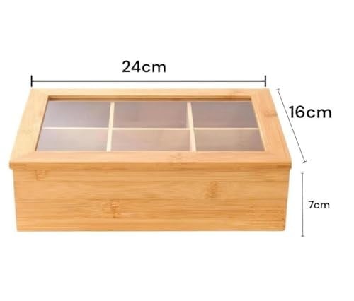 Busstier Bambu Çay Kutusu 6 Bölmeli, Şeffaf Kapaklı Çay ve Bitki Çayı Saklama Kutusu, Doğal ve Dayanıklı Tasarım