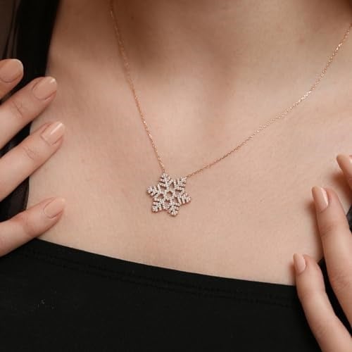 Büyük Zirkon Taşlı Kar Tanesi Gümüş Kadın Kolye, 925 Ayar Gümüş, Kübik Zirkon, Pembe Altın Kaplama
