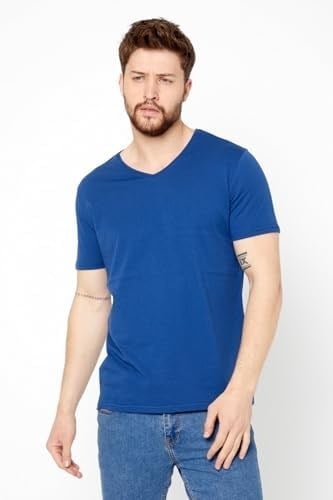 BY COMEOR ERKEK Mavi Basıc Slim Fit Pamuklu Kısa Kollu V Yaka T-Shirt
