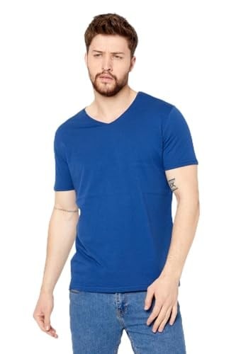 BY COMEOR ERKEK Mavi Basıc Slim Fit Pamuklu Kısa Kollu V Yaka T-Shirt