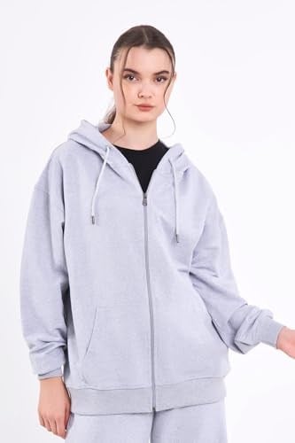 BY COMEOR Kadın Gri Normal Kalıp Basic Beli Lastikli Kapüşonlu Oversize Mevsimlik Alt Üst Eşofman Takımı CMRE7367