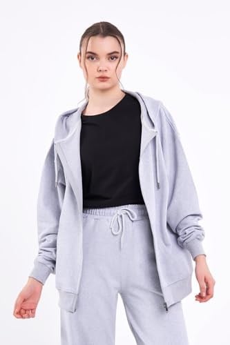BY COMEOR Kadın Gri Normal Kalıp Basic Beli Lastikli Kapüşonlu Oversize Mevsimlik Alt Üst Eşofman Takımı CMRE7367