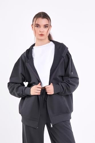 BY COMEOR Kadın Normal Kalıp Basic Beli Lastikli Kapüşonlu Oversize Mevsimlik Alt Üst Eşofman Takımı