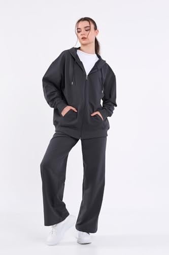 BY COMEOR Kadın Normal Kalıp Basic Beli Lastikli Kapüşonlu Oversize Mevsimlik Alt Üst Eşofman Takımı