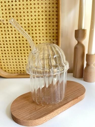 Cam Oval Kapaklı Isıya Dayanıklı Pinterest Bardak | Kahve Ve Sunum Bardağı| 430 ml (Pipet Hediyeli)