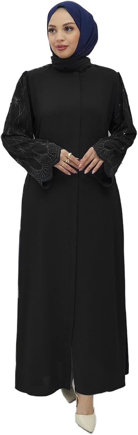 CANSEN KADIN LÜX KREP KUMAŞ KOLU TAŞLI KEMERLİ ABAYA ABİYE FERACE