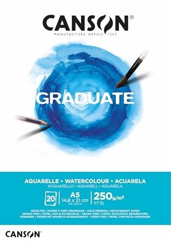 CANSON Mezun Suluboya 250 gsm A5 Kağıt, Soğuk Preslenmiş, Tampon Yapıştırılmış Kısa Taraf, 20 Doğal Beyaz Çarşaf, Öğrenci Sanatçılar için İdeal - Seçenekler: A3, A4, A5
